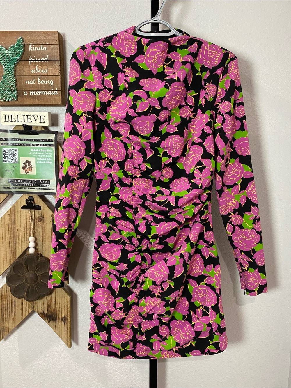 Zara Pink & Green Floral Long Sleeve Mini Dress pp19 L35